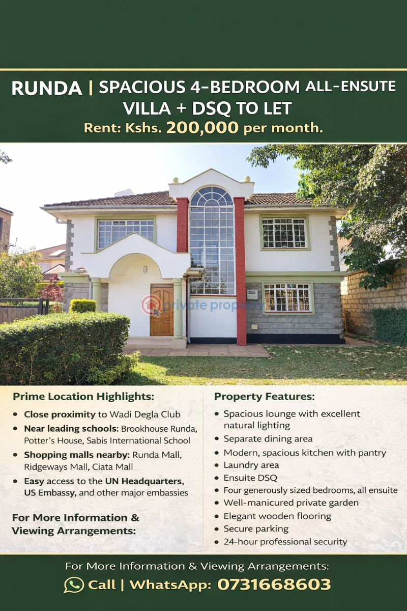 4 bedroom Townhouse For Rent Runda | 4 Bedroom All Ensuite Villa + Dsq Runda Estate Westlands Nairobi - 0